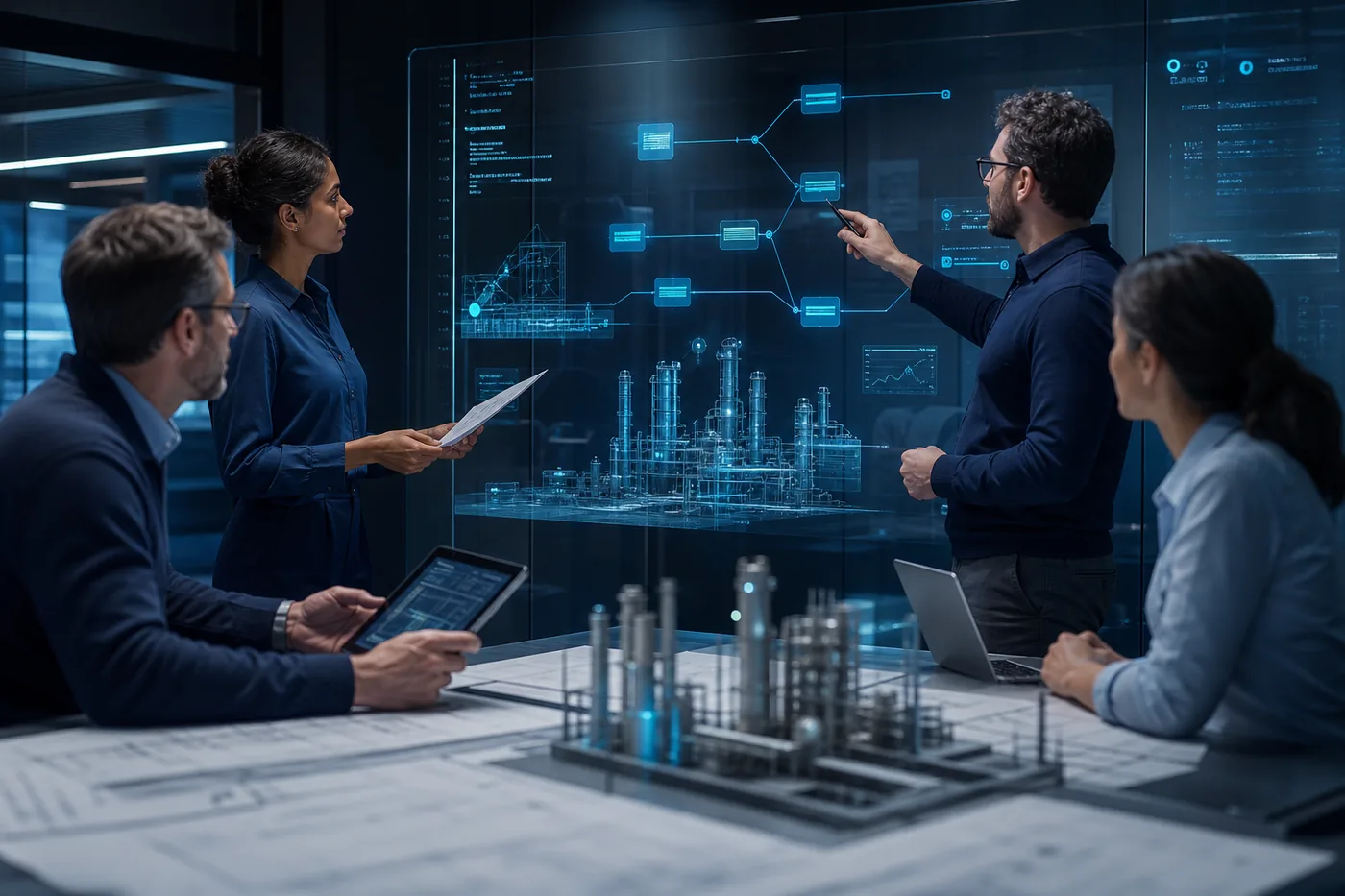 Engineering team reviewing a structured scope breakdown on a shared display, with plant schematics and drawings on the table